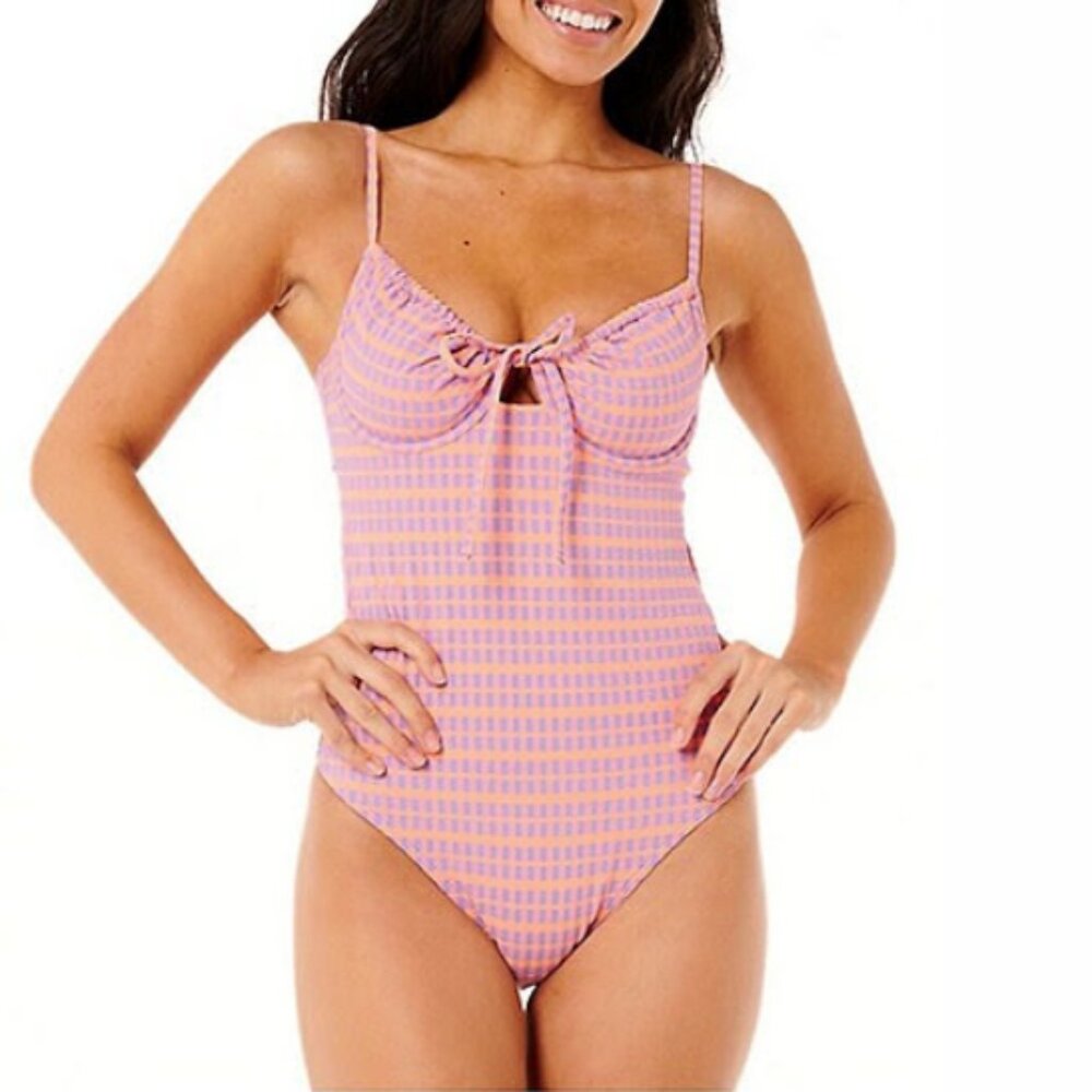 NWT Rip Curl Smocked Plaid One-Piece Swimsuit – Pink/Purple – XL – $99 Retail